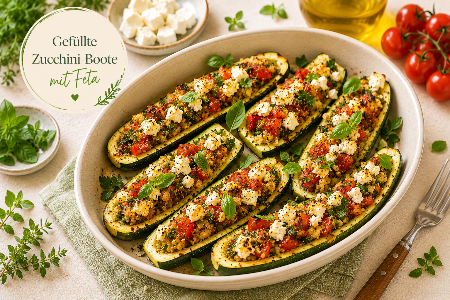 Gefüllte Zucchini-Boote mit Feta - hormonfreundliches Sommerrezept aus dem Sommer-Hormon-Reset 40+